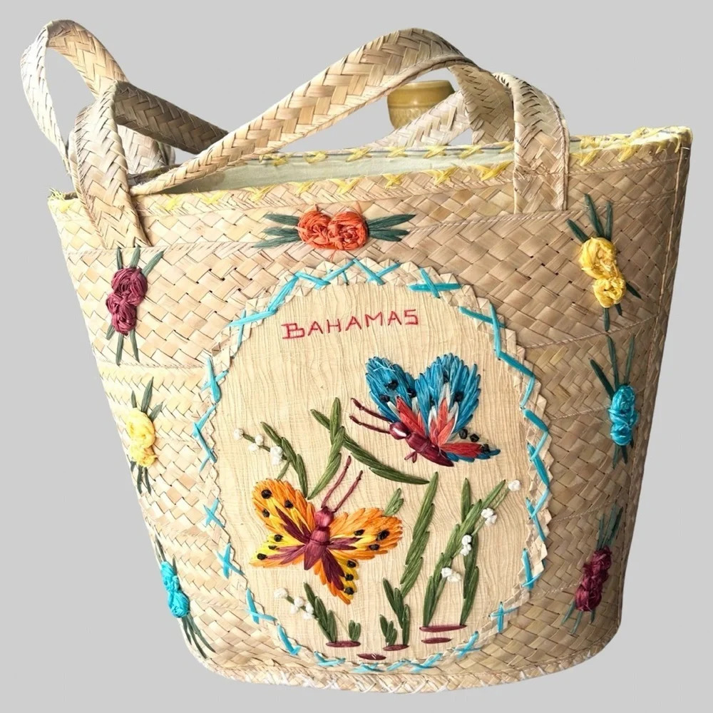 Vintage Bahamas Woven Handmade Straw Bag Butterfly Jumbo Tote  or Beach Bag